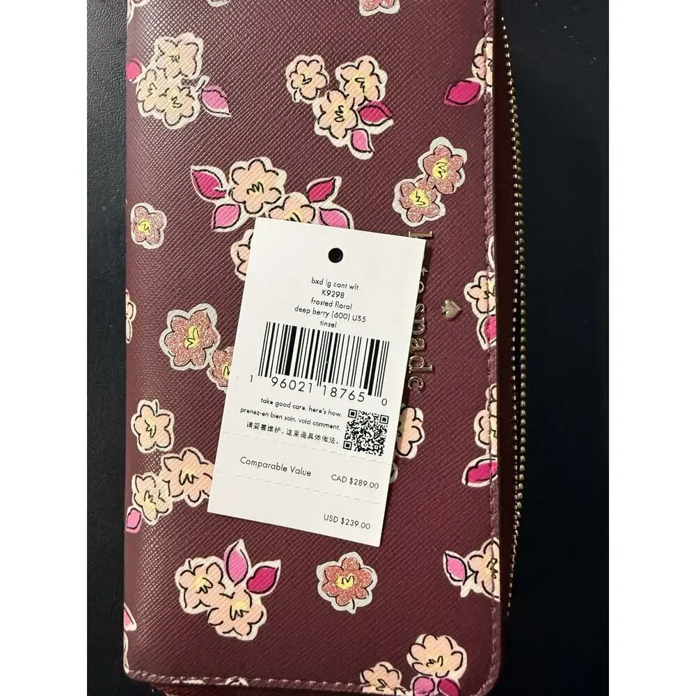Kate Spade New York Frosted Floral Deep Berry Continental Zip Wallet